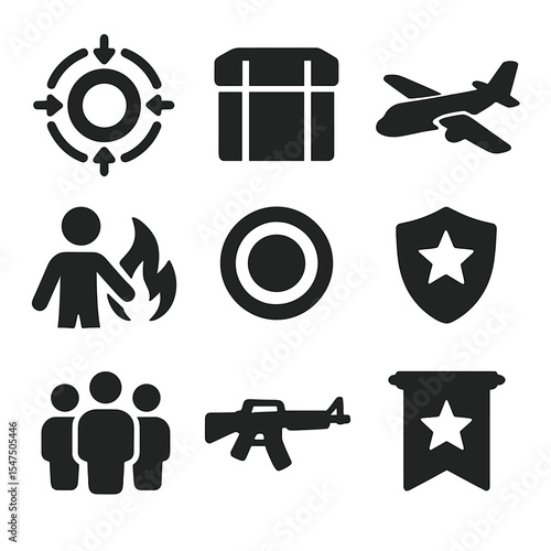 Battle Royale Icon Set. Solid, filled icons set of battle royale events: shrinking zone, loot crate, drop