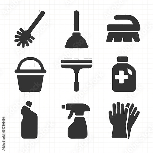 Bathroom Cleaning Icons. Solid, filled icons set of bathroom cleaning tools: toilet brush, plunger, grout