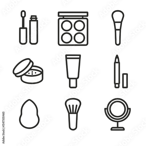 Makeup Techniques Icons. Outline icon set of makeup concealing techniques: concealer wand, color corrector palette, blending brush