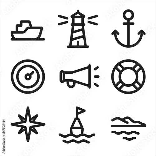 Maritime Haze Icons. Outline icon set of maritime haze: ship silhouette, lighthouse beacon, anchor, radar screen, fog horn, life