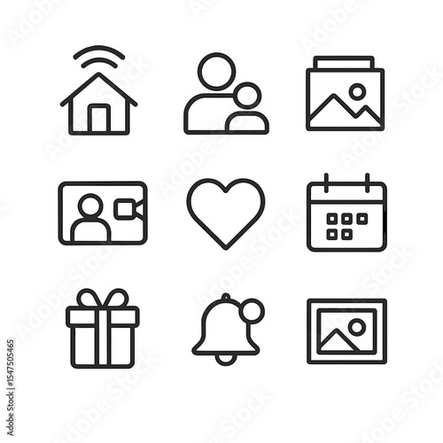 Family Interaction Icons. Outline icon set of family interactions online: house with Wi-Fi, parent and child avatars, shared album