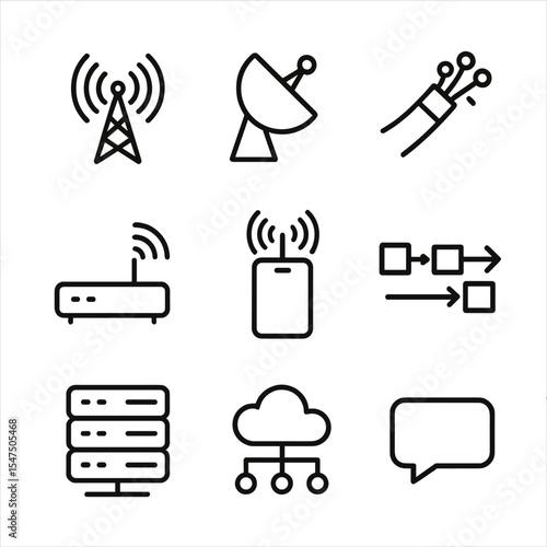 Mass Communication Icons. Outline icon set of mass media outlets: television set, radio microphone, newspaper fold, online news
