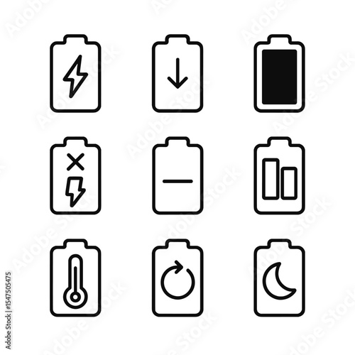 Battery System Icons. Outline icon set of battery and power system indicators: charging, discharging, full charge, overvoltage,