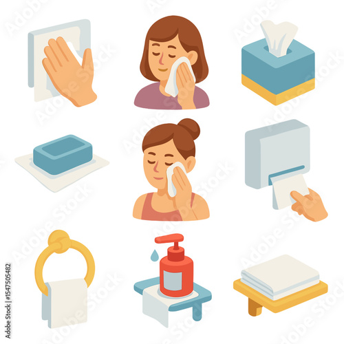 Bathroom Towel Icon Set. Isometric Flat icon set of paper towel uses in bathroom: hand drying, face blotting, tissue substitute,