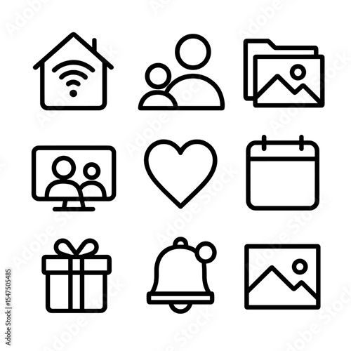 Family Interaction Icons. Outline icon set of family interactions online: house with Wi-Fi, parent and child avatars, shared album