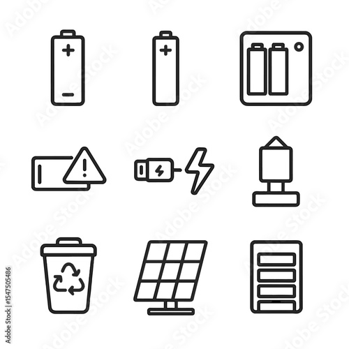 Battery Icon Set. Outline icon set of battery and power indicators: AA battery, AAA battery, battery compartment, low-battery