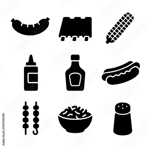 BBQ Icons Grid. Solid, filled icons set of BBQ food and condiments: sausage, ribs, corn cob, mustard bottle,