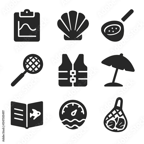 Beach Learning Icons. Solid, filled icons set of beachside learning programs: tide chart, seashell icon, sand