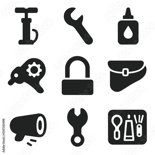 Bicycle Maintenance Icons. Solid, filled icons set of bike maintenance and gear: tire pump, wrench, chain oil,