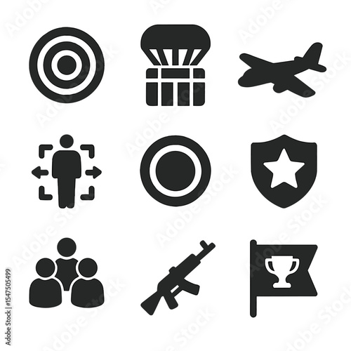 Battle Royale Icon Set. Solid, filled icons set of battle royale events: shrinking zone, loot crate, drop