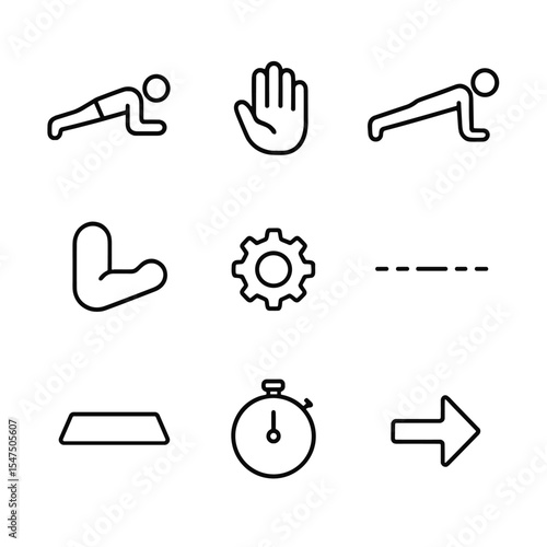 Fitness Transition Icons. Outline icon set of plank to push-up transition: forearm plank, hand placement, push-up position, elbow