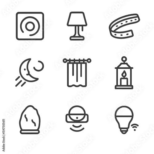 Bedroom Lighting Icons. Outline icon set of bedroom lighting: dimmer switch, bedside lamp, LED strip, moonlight beam, blackout