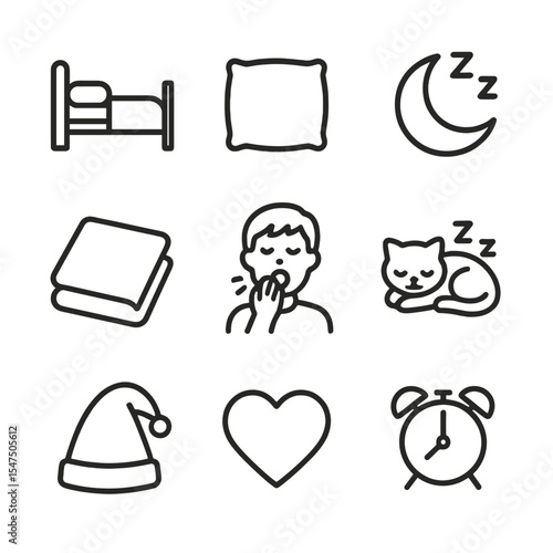 Bedtime Pet Cuddles Icons. Outline icon set of bedtime pet cuddles: bed, pillow, blanket, moon, sleeping pet, yawning human,