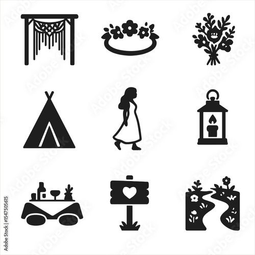 Bohemian Wedding Icons. Solid, filled icons set of bohemian wedding ideas: macrame arch, flower crown, rustic