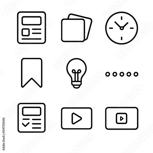 Microlearning Icon Set. Outline icon set of microlearning modules: module card, flashcard stack, checklist icon, bite-size clock,