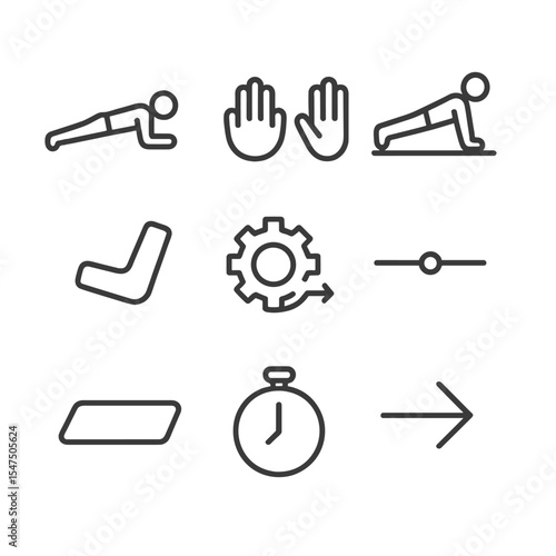 Fitness Transition Icons. Outline icon set of plank to push-up transition: forearm plank, hand placement, push-up position, elbow