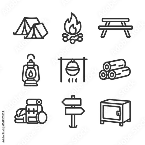 Forest Camp Icons. Outline icon set of forest campsite layouts: tent cluster, campfire ring, picnic table, hanging lantern,