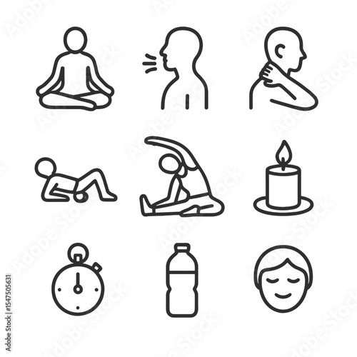 Mindful Cool-Down Icons. Outline icon set of mindful cool-down at home: meditation pose, deep breathing, neck massage, foam