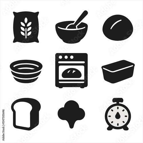 Bread Baking Icons. Solid, filled icons set of baking a loaf of homemade bread: flour bag, mixing bowl, dough