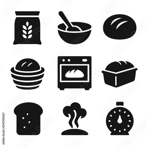 Bread Baking Icons. Solid, filled icons set of baking a loaf of homemade bread: flour bag, mixing bowl, dough