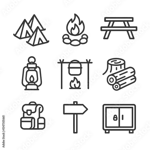 Forest Camp Icons. Outline icon set of forest campsite layouts: tent cluster, campfire ring, picnic table, hanging lantern,