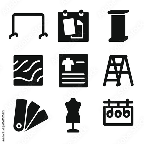 Boutique Merchandising Icons. Solid, filled icons set of boutique visual merchandising tools: clothing rack,