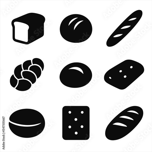 Bread Icon Collection. Solid, filled icons set of bread types and shapes: sandwich loaf, round boule, baguette