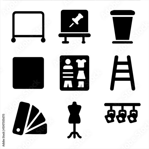 Boutique Merchandising Icons. Solid, filled icons set of boutique visual merchandising tools: clothing rack,