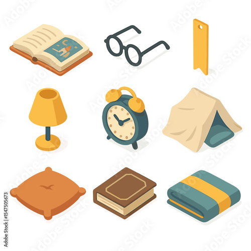 Bedtime Story Icons. Isometric Flat icon set of bedtime storytime props: open storybook, reading glasses, bookmark, lamp,
