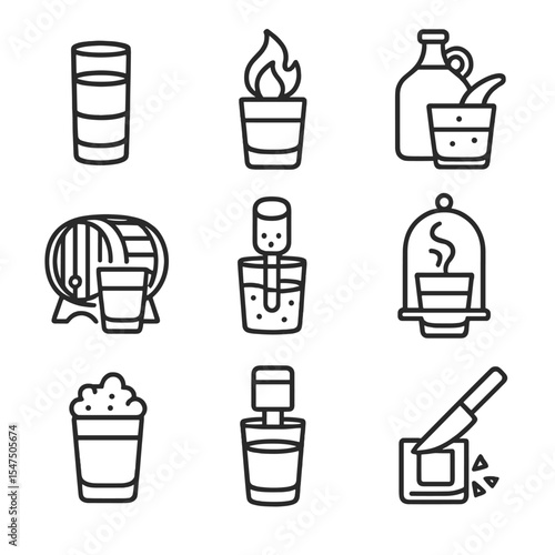 Mixology Techniques Icons. Outline icon set of mixology techniques: layering, flaming, fat washing, barrel aging, sous-vide