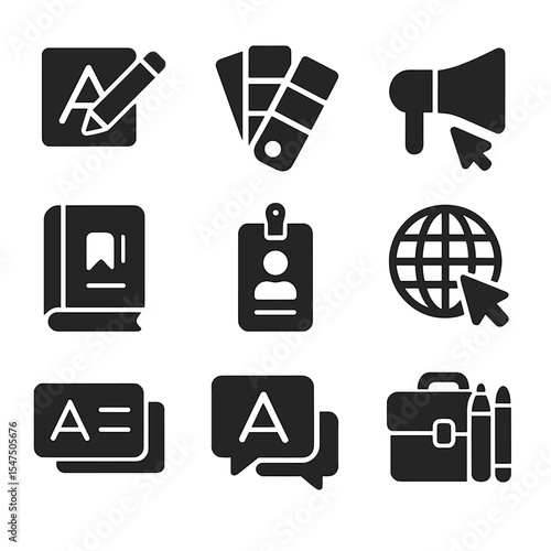 Brand Identity Icons. Solid, filled icons set of creating a brand identity: logo design, color palette, brand