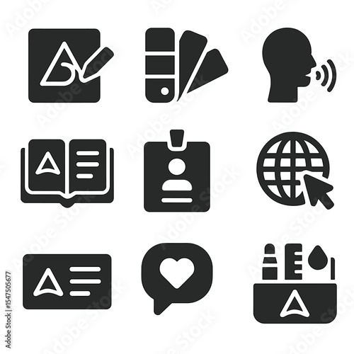 Brand Identity Icons. Solid, filled icons set of creating a brand identity: logo design, color palette, brand