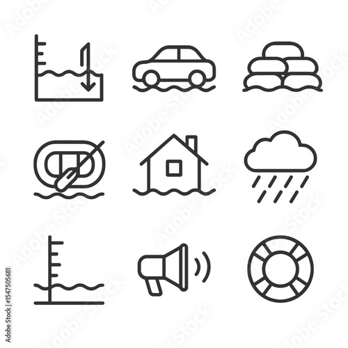 Flood Emergency Icons. Outline icon set of flood emergency: rising water level, submerged car, sandbag wall, rescue raft, floating