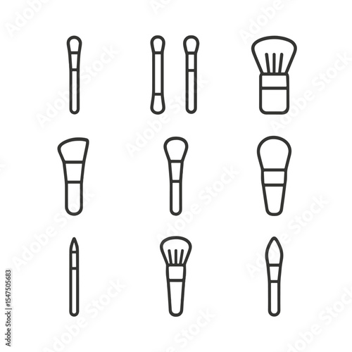 Beginners Brush Icon Set. Outline icon set of upgrading beginner brushes: precision concealer brush, dual-ended brush, retractable