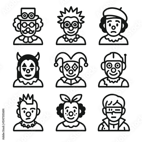 Modern Clown Icon Set. Outline icon set of modern clown variations: steampunk clown, neon raver clown, mime clown, gothic clown,