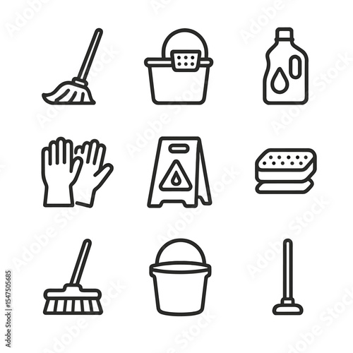 Floor Cleaning Icons. Outline icon set of floor mopping scene: mop head, mop bucket with wringer, floor cleaner bottle, wet floor