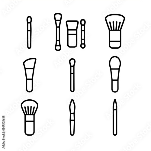 Beginners Brush Icon Set. Outline icon set of upgrading beginner brushes: precision concealer brush, dual-ended brush, retractable