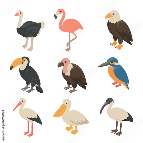 Birdwatching Safari Icons. Isometric Flat icon set of birdwatching safari: ostrich, flamingo, eagle, hornbill, vulture, kingfisher