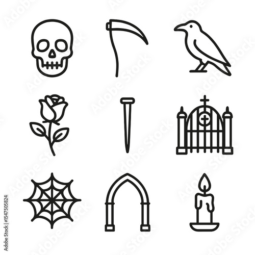 Gothic Death Icon Set. Outline icon set of gothic death imagery: skull, scythe, raven, black rose, coffin nail, tomb gate, spider