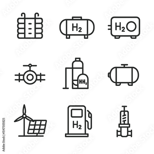 Green Hydrogen Icons. Outline icon set of green hydrogen economy: electrolyzer stack, hydrogen storage tank, fuel cell, pipeline