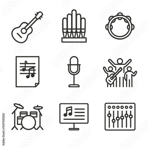 Musical Worship Icons. Outline icon set of musical worship: guitar, organ pipes, tambourine, sheet music, choir mic, worship band,