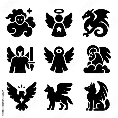Celestial Icons Grid. Solid, filled icons set of celestial beings and guardians: sky spirit, starlight angel,