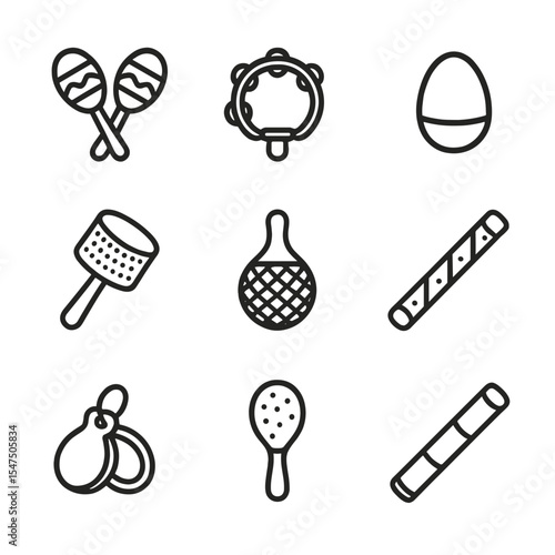 Musical Shakers Icons. Outline icon set of musical shakers: maracas, tambourine, egg shaker, cabasa, shekere, rainstick, castanet,