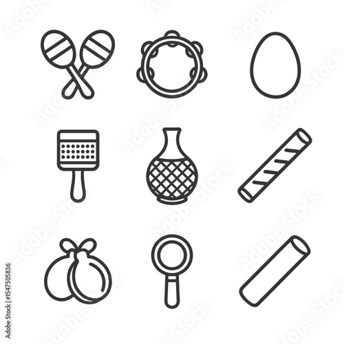 Musical Shakers Icons. Outline icon set of musical shakers: maracas, tambourine, egg shaker, cabasa, shekere, rainstick, castanet,