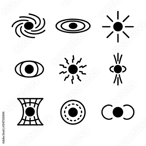 Black Hole Icons. Outline icon set of black holes and space phenomena: event horizon, accretion disk, singularity, gravitational