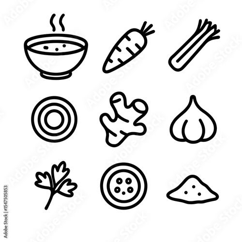 Gut-Soothing soup Ingredients. Outline icon set of gut-soothing soup ingredients: bone broth bowl, carrot chunk, celery stalk,