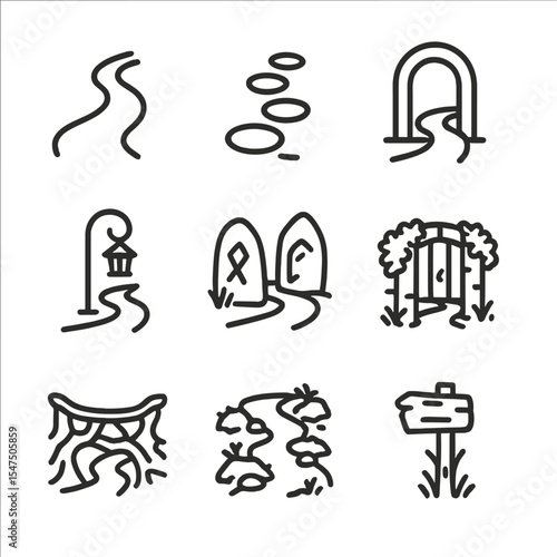Mystic Pathway Icons. Outline icon set of mystic pathways: winding trail, stepping stones, archway portal, lantern post, rune