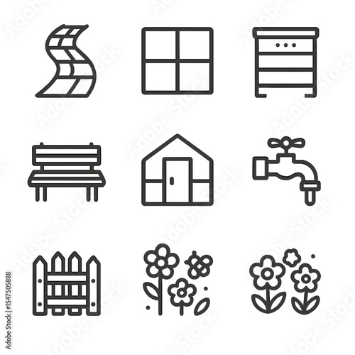 Garden Layout Icons. Outline icon set of garden layout elements: pathway, plot grid, compost bin, tool shed, seating bench,