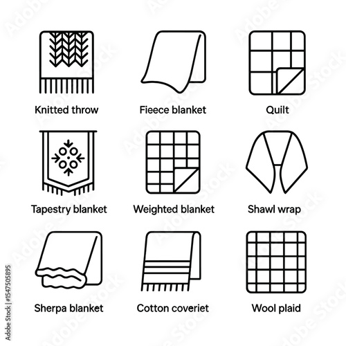 Blanket Types Icons. Outline icon set of blanket types: knitted throw, fleece blanket, quilt, tapestry blanket, weighted blanket,