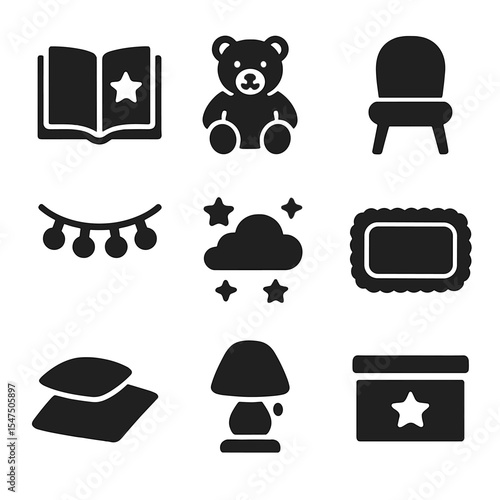 Children's Reading Nook Icons. Solid, filled icons set of children’s reading nook: storybook, plush toy, kids